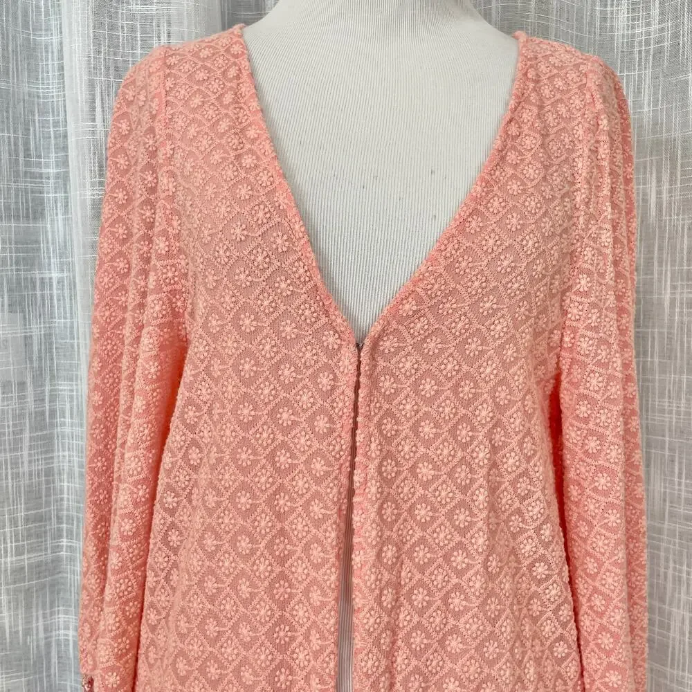 PilyQ Womens Swim Coverup Cardigan M/L Pink Fringe Tassel Crochet Boho Beach